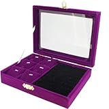 Purple Velvet Glass Top Lid Jewelry Presentation Display Box for Pendants Charms Rings Cuffs, 20x15x4.5cm