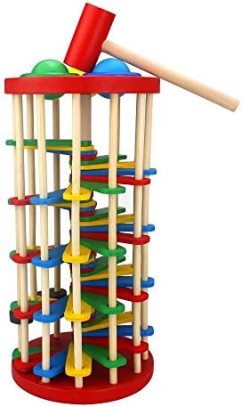 LIKIQ Wooden Pounding Hammer Toy for Toddlers,Pound and Roll Wooden Tower