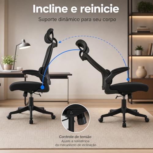 ITS Imports Cadeira de Escritório Presidente Ergonômica Preta Encosto Mesh Reclinável 135 Graus Cadeira Giratória com Apoio de Cabeça Braços Ajustáveis Suporte Lombar Alta Densidade Confortável