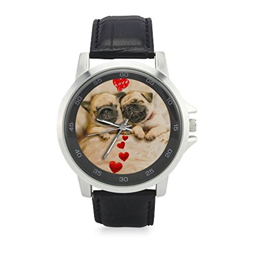 Pug Dog Puppy Unisex Stainless Steel Leather Strap Band Waterproof Wrist Watch for Pug Dog Puppy Collectors - Black