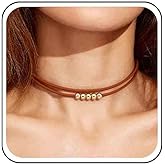 Aneneiceera Vintage Layered Suede Choker Necklace Short Black Velvet Necklaces Boho Leather Necklaces Gold Bead Collar Necklace Chain Jewelry for Women