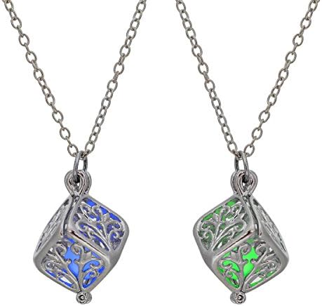 LightOnIt Magical Glow in the Dark Cute Cubic Stone in Locket Pendant Necklace Green &amp; Blue Block