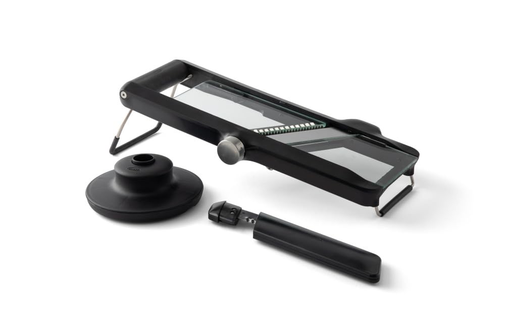 Chef'n Glass Mandoline Slicer with 3 Cutting Blades - Slice, Julienne or Crinkle Cut, Vegetable Slicer in Gift Box, Plastic/Stainless Steel, Black, 42 x 19 x 12 cm