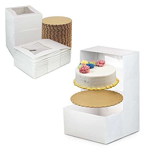 [25 Sets] 6x6x3 White Cake Box with Window and Inches Round Gold Base  Circle Board Cardboard Gift Packagin