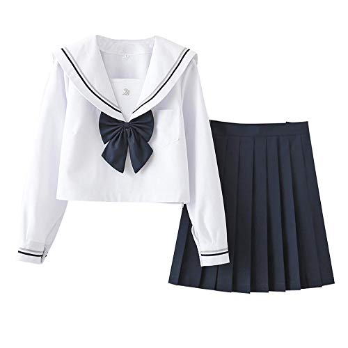 Aculldo セーラー服 半袖 長袖 女子制服 学生服 女子高校生 高校生 学生 制服 コスチューム 3点セット JK制服 二本 白い 可愛い コスプレ 仮装 本格制服 大きいサイズ (長袖セット,M) の商品画像