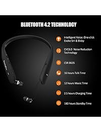 Auriculares Bluetooth RoomyRoc inalámbricos con correa para el cuello, auriculares Evoking Siri & Bixby con auriculares retráctiles, deportivos a prueba de sudor, cancelación de ruido, plegables con micrófono (negro)
