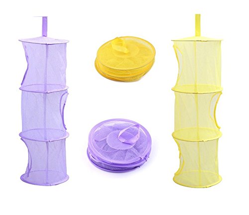 ONOR-Tech 2PCS 3 Tier Hanging Mesh Storage Closet Toys Organizer (Purple + Yellow, 30'' x 11'')