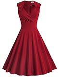 MUXXN Women's V Neck Knee Length A Line Rockbailly Party Dress(M Burgundy)
