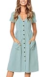 Angashion Women's Dresses-Short Sleeve V Neck Button T Shirt Midi Skater Dress with Pockets Light Blue S
