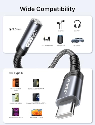 JSAUX USB C to 3.5mm Audio Jack Adapter, USBC Headphone Adapter, Type C to Aux Audio Dongle Cable with Hi-Fi DAC Chip for iPhone 17 Pro/Max/Plus iPhone 16&15 Series, Samsung S25 S24 S23, Pixel 6-Grey