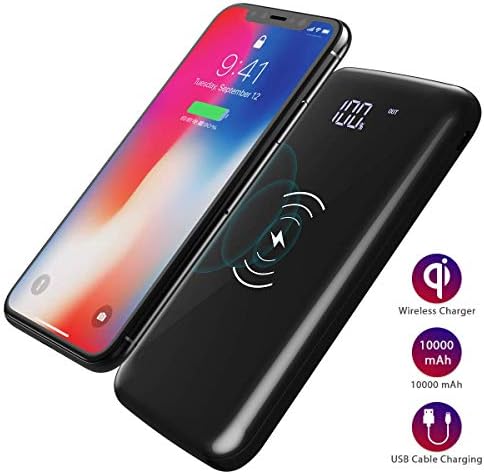dodocool Wireless Portable Charger Power Bank 10000mAh Battery Pack with LED Display, 2 USB Output, USB C/Micro USB Dual Input, Fast Qi Wireless Charging for iPhone Xs/XR/X, Galaxy S9 and More
