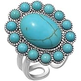 Bohemian Turquoise Ring for Women Boho Flower Oval Open Adjustable Retro stackable Joint Finger Ring American Western Cowgirl Statement Antique Jewelry Gemstone Simulated Ring Birthday Graduation Gift