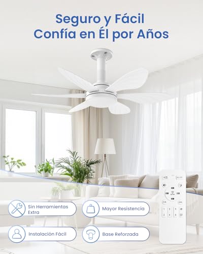 Foco Ventilador de Techo con Luz de 28", Reversible | Fácil Instalación, Potente Flujo de Aire con 6 Aspas, Luz Regulable y Control Remoto