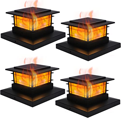 Dynaming 4 Pack Solar Post Cap Lights Outdoor with Flickering Flame Light, Fence Post Solar Lights Fit for 4x4 5x5 6x6 Vinyl/Wooden Posts, High Brightness SMD LED Lighting Decor for Garden Deck Patio
