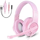 Greatever Stereo Gaming Headset for PS4 Xbox One, Professional 3.5mm Bass Over-Ear Headphones with Mic,Volume Control for Laptop, PC, Mac, iPad, Computer, Smartphones, Pink