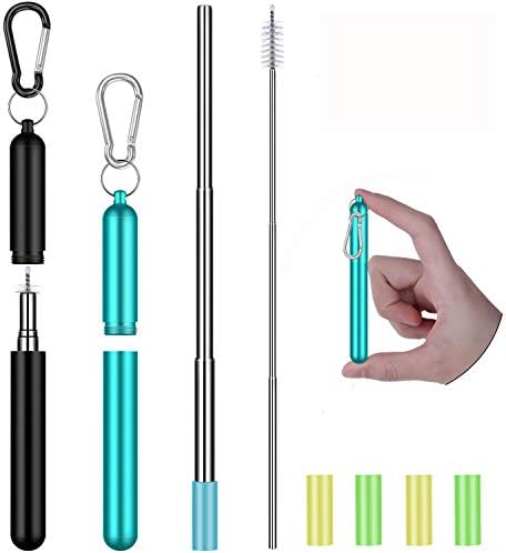 2 X His And Hers Collapsible Straw With Travel Case (Stainless Steel) | Pink And Blue Foldable - View #6