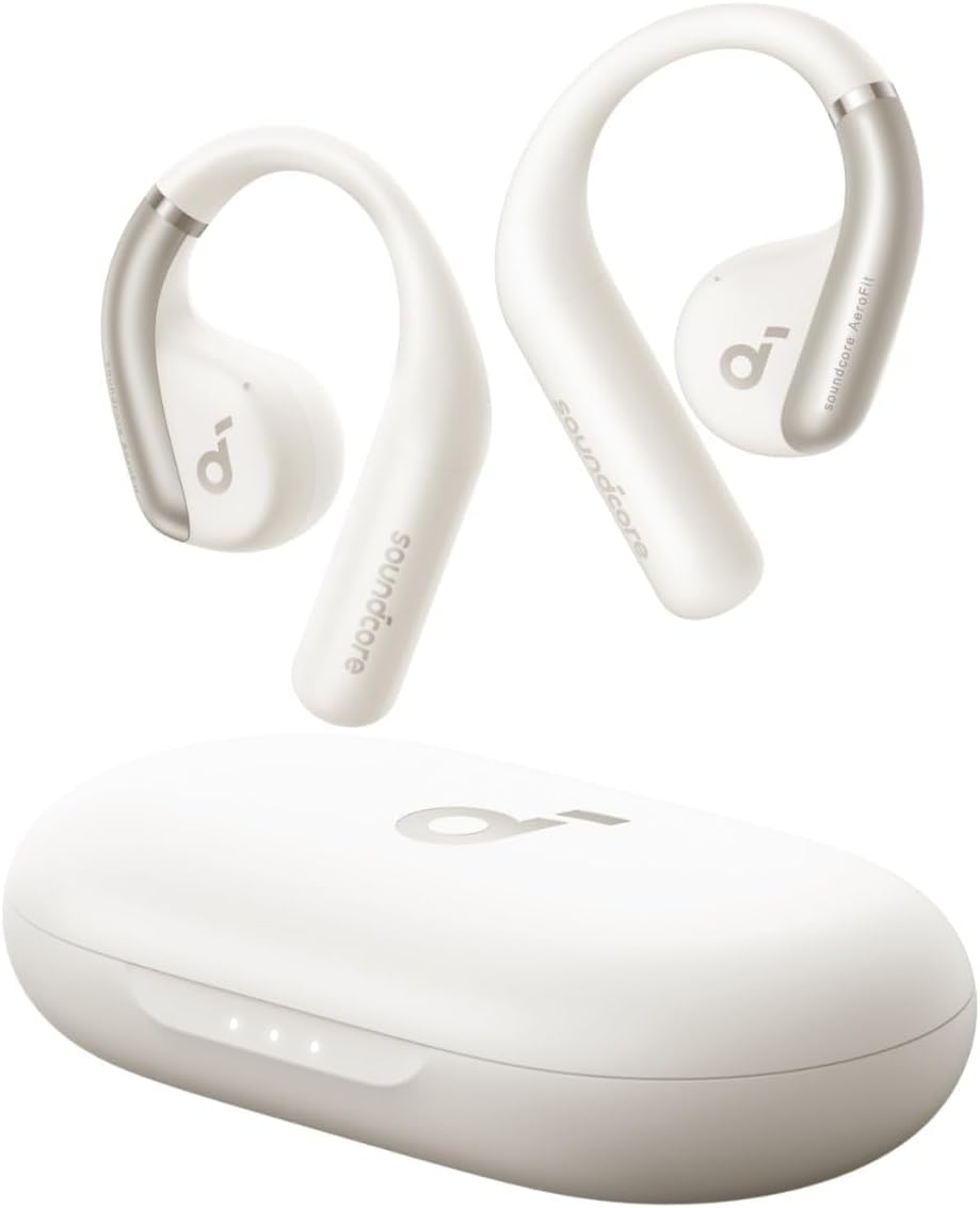 Soundcore V40i de Anker, auriculares abiertos, diseño transparente, estuche sin tapa, 4 posiciones ajustables para cada tamaño de oreja, graves más ricos, IP55, tiempo de reproducción 21 horas, llamadas claras AI, Bluetooth 5.4, control de aplicaciones
