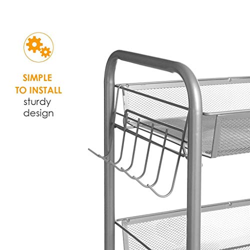 Pstars 3 Tier Space-Saving Mesh Wire Basket Storage Cart with Brake Caster Wheel, Rolling Storage Shelves, Multifunctional Tools Cart for Kitchen, Garage, Bathroom, Patio, Courtyard, Dining Room ... - Thumbnail 3