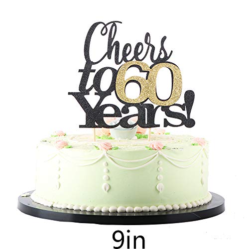 LVEUD Black Font Golden Numbers Cheers to 60 Years Happy Birthday Cake Topper -Wedding,Anniversary,Birthday Party Decorations (60th)