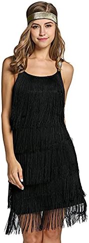 Palove Women Tassels Straps Dress Fashion Glam Party Dress Gatsby Fringe Flapper Costume Dress with Headband S-XL