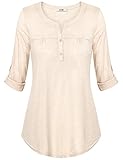 Women Tops and Blouses, Vivilli Ladies Henley V Neck Cuffed Sleeve Lightweight Stretchy Day to Work Tee Shirts Beige X-Large