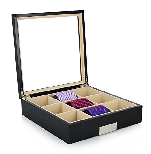 Tie Display Case for 9 Ties, Belts, and Men's Accessories Black Wood with Stainless Steel Accent Tie Display Case for 9 Ties, Belts, and Men's Accessories Black Wood with Stainless Steel Accent