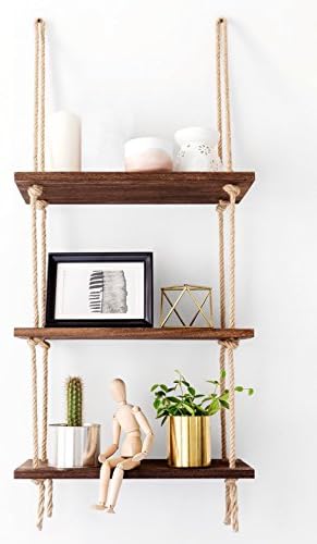 CNSE Wood Hanging Shelf Wall Swing Storage Shelves 3 Tier Jute Rope Organizer