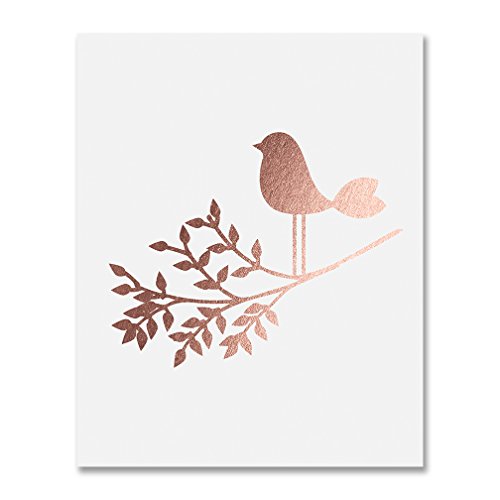 Bird on a Branch Rose Gold Foil Art Print Baby Bird Decor Nursery Poster Girl s Room Modern Nature Decor 8 inches x 10 inches A30
