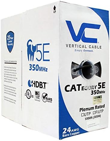 Vertical Cable Cat5e, Shielded, 24AWG, Solid Bare Copper, Plenum, 1000ft, Black, Bulk Ethernet Cable