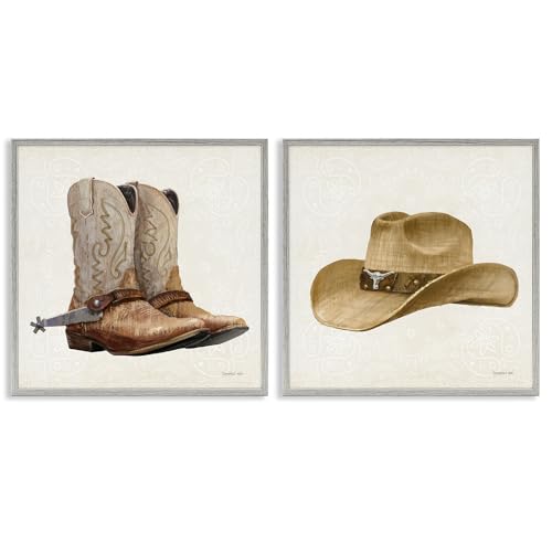 Stupell Industries Range Riders Hat & Boots 2 Piece Gray Framed Giclee Art Set,…