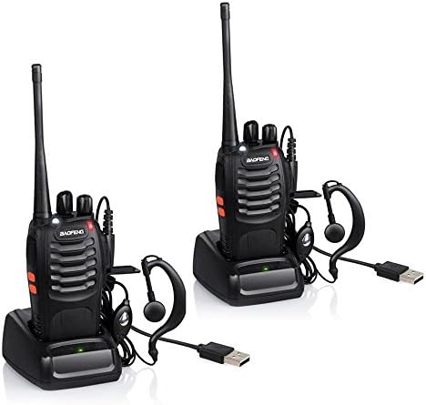2PCS Rechargeable Long Range Walkie Talkies with Earpieces Headphones Earphones and USB Charger - Handheld Two Way Radio with LED Light Voice Prompt for Field Survival Biking and Hiking