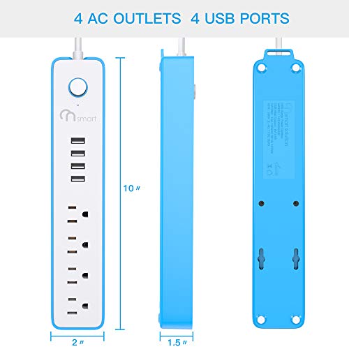 ONSMART USB Surge Protector Power Strip, 4 Multi Outlets with 4 USB Charging Ports, 3.4A Total Output-600J Surge Protector Power Bar, 6 ft Long UL Cord, Wall Mount-Blue