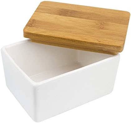 Arswin Butter Dish with Lid, Porcelain Keeper with Bamboo Cover, Covered Butter Container for Countertop and Refrigerator, Easy Clean Heat Resistant Kitchen Butter Storage Dish, White (500ml)