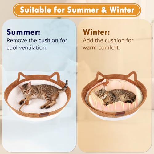 Zocipro Cotton Rope Cat Bed with Cushion, 46 x 46 x 16 cm, Large Round Washable Bed with Ball Toy in Cotton Rope