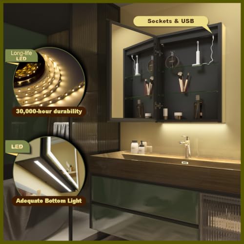 GANPE LED Illuminated Bathroom Mirror with Single Door, Deflog, Continuous Dimming, 3 Colour Memory, Storage Shelves, Sockets and USB (50 x 70 cm)
