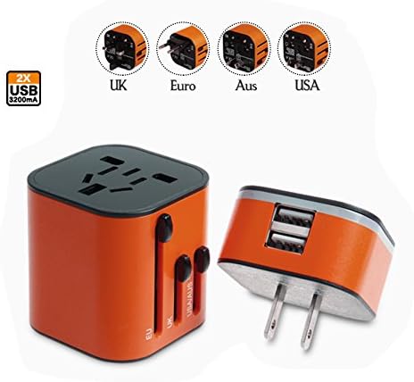 World Travel Adapter USB Charger All in One Safety Universal Wall Plug Dual 3.2A USB (US/UK/EU/AUS) Detachable Port for World Wide and Home Use from Depot Globe 100% GUARANTEE! (Orange)