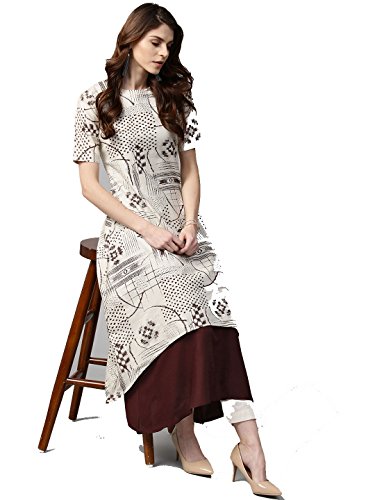 Designer Kurta Kurti White-Brown Printed Indian Women Bollywood Ethnic Pakistani Long Dress Cotton (XXL)