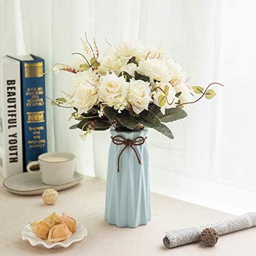 Flojery 造花ローズフラワー セラミック花瓶付き フェイクシルクローズブーケ テーブルセンターピース ホーム オフィス ウェディングデコレーション用 青い花瓶付きアイボリー Lomasdelprado Com Ar