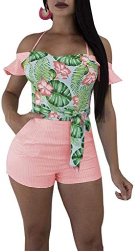 Women's Off Shoulder Floral Rompers Shorts Bodycon Jumpsuits with Belt Clubwear