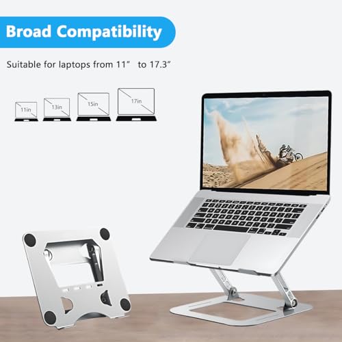 Gluckluz Adjustable Laptop Stand for Desk Ergonomic Laptop Riser Aluminum Notebook Holder Foldable Computer Elevator Compatible with 11" to 17.3" MacBook Pro/Air, Tablet (Silver)