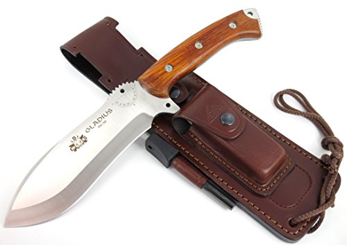 GLADIUS Bushcraft Survival Hunting Knife, Micarta or Cocobolo Wood Handle - Stainless Steel MOVA-58, Genuine Leather Multi-position Sheath + Firesteel, Made in Spain
