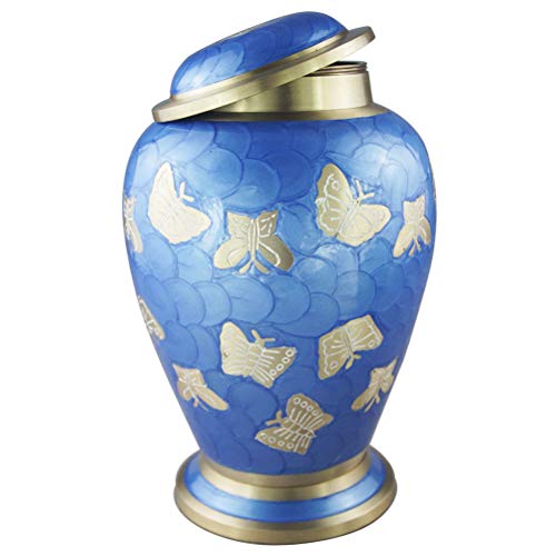 Funeral Cremation Urn for Human Ashes Adult Large and Memorial Urn - Hand Made in Brass & Hand Engraved - Extra Large Cremation Urns for Adults Burial (Golden Butterfly Blue, Funeral Urns for Ashes