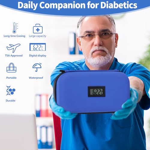 HIMDUZE Insulin Cooler Travel Case TSA Approved Refrigerated Medicine Cooler for Travel w/Thermometer Temperature Diabetic Case w/2 Reusable Ice Packs for Daily Life Trip, Blue