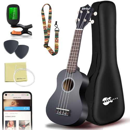 Everjoys Soprano Ukulele Beginner Kit 21 Inch Ukelele w/Free Online Lesson Carrying bag Digital Tuner Strings Picks, All in One Set (Black)