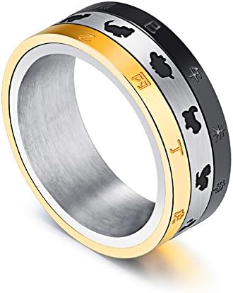 FCZDQ 8MM Stainless Steel Mens Rotatable Rings Chinese Traditional Time &amp; 12 Constellations Wedding Bands for Men, Size 9