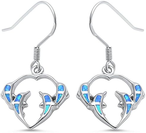 Four Dolphines Blue Created Sapphire Dangle .925 Sterling Silver Earrings