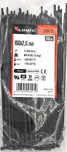 Elematic Industrial Cable Ties - 100 Count - 6.3" Length (160x2.6mm)- Strength 80N, 8.16 kg, Halogen Free - All Certifications and Made In Italy - Black - Model 5306/CE