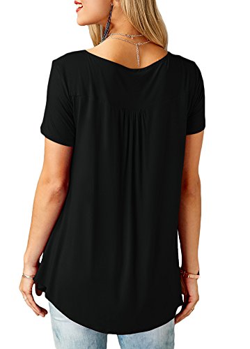 For G and PL Women's Summer Button Short Sleeve Flare Blouse Soft V Neck Basic T Shirt Pleated Loose Casual Tunic Top Black L - Thumbnail 3