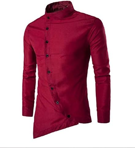 LinkShowMen Stand Collar Asymmetrical Solid Wash Button Down Collar Tee Shirts