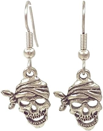 Surgical Steel Dangle Earrings Pirate Skull Silver Tone